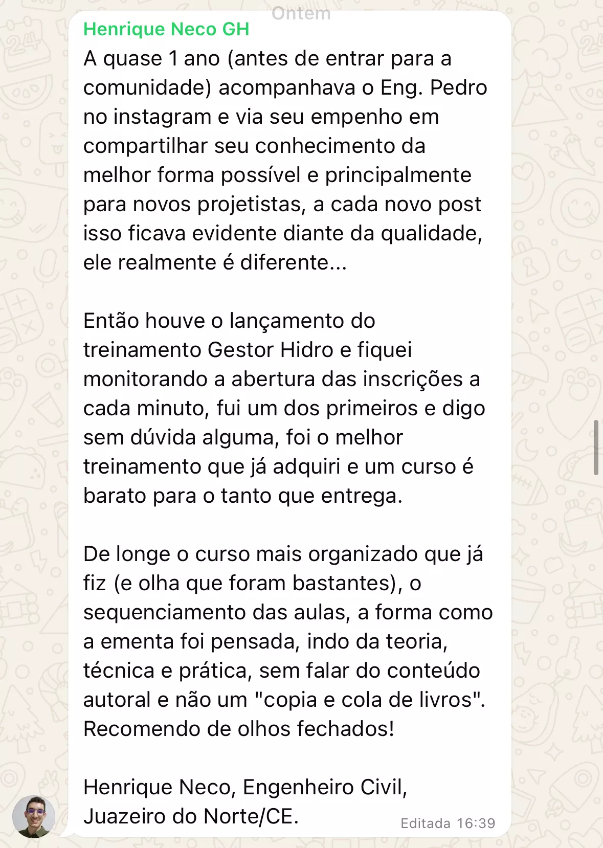 Depoimento de aluno